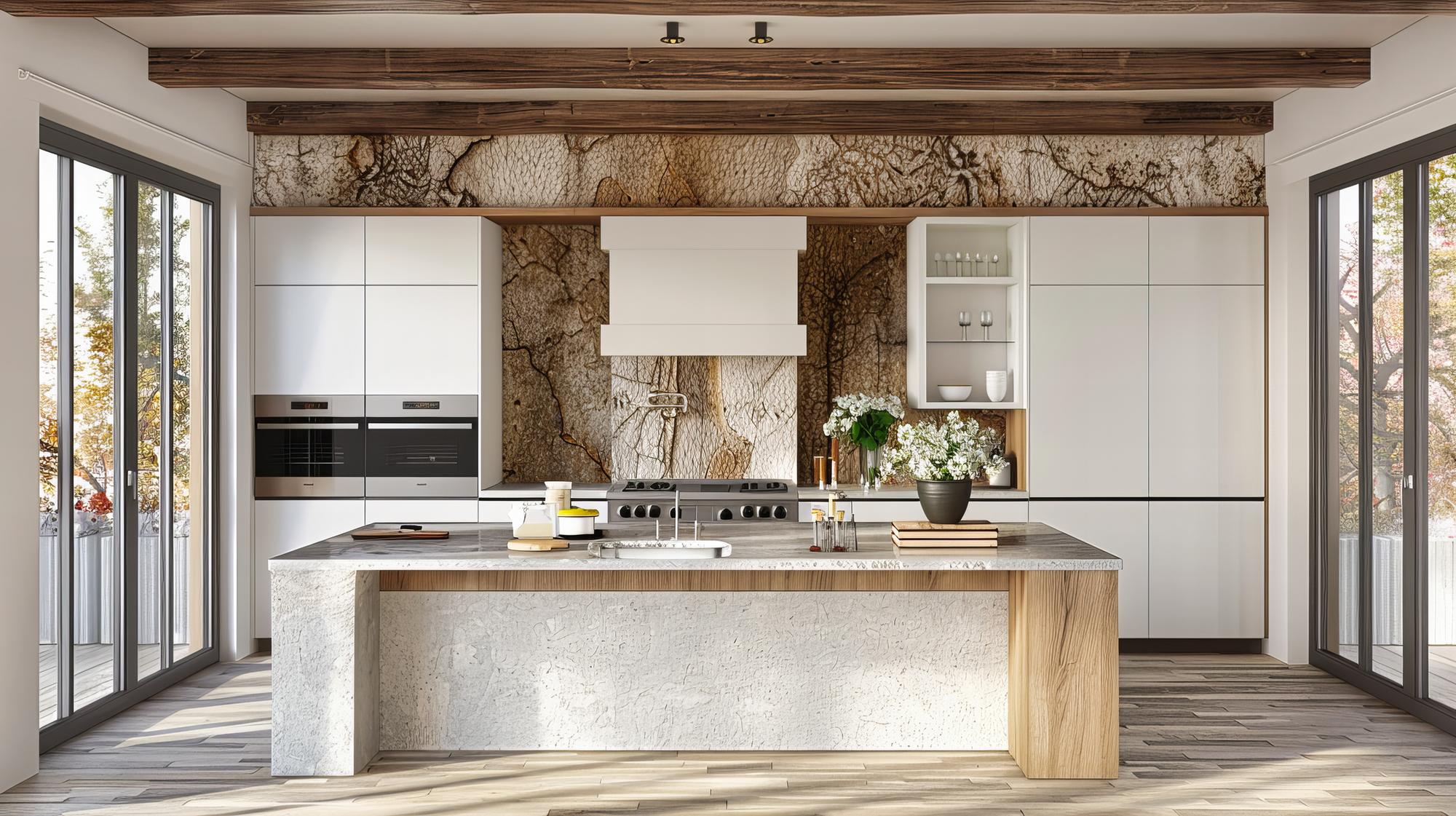 Bucătărie premium open-space cu materiale naturale